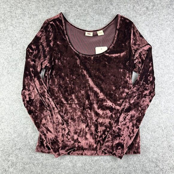 Levis Bodega Top Women L Brown Velvet Velour Slim Effortless Y2K Long Sleeve NEW - Picture 1 of 16